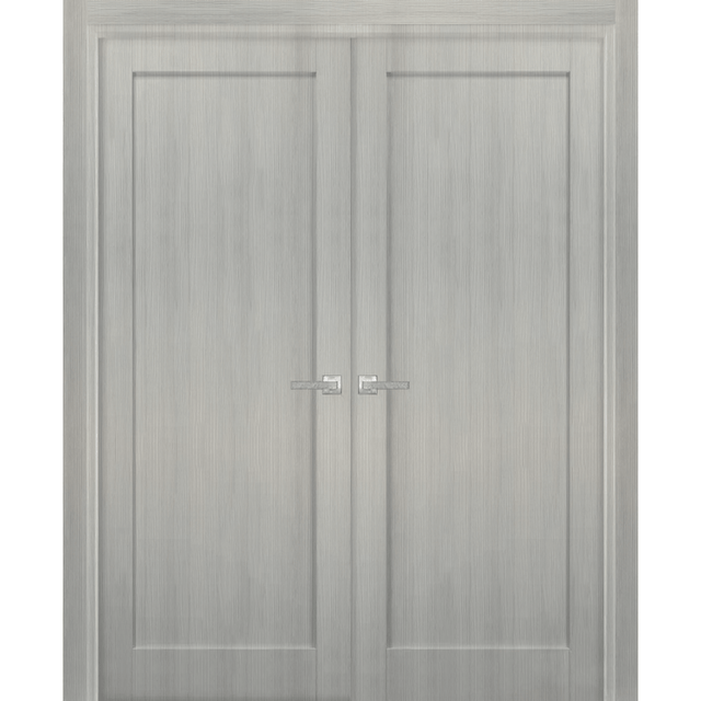 French Double Panel Doors with Hardware | Quadro 4111 Grey Ash | Panel Frame Trims | Bathroom Bedroom Interior Sturdy Door - BUILDMYPLACE
