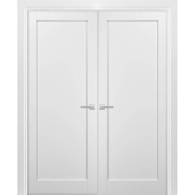 French Double Panel Doors with Hardware | Quadro 4111 White Silk | Panel Frame Trims | Bathroom Bedroom Interior Sturdy Door - BUILDMYPLACE