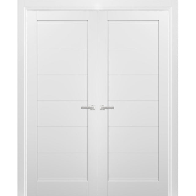 French Double Panel Doors with Hardware | Quadro 4115 White Silk | Panel Frame Trims | Bathroom Bedroom Interior Sturdy Door - BUILDMYPLACE
