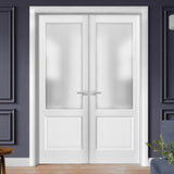 French Double Panel Lite Doors with Hardware | Lucia 22 White Silk with Frosted Opaque Glass | Panel Frame Trims | Bathroom Bedroom Interior Sturdy Door - BUILDMYPLACE