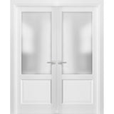 French Double Panel Lite Doors with Hardware | Lucia 22 White Silk with Frosted Opaque Glass | Panel Frame Trims | Bathroom Bedroom Interior Sturdy Door - BUILDMYPLACE