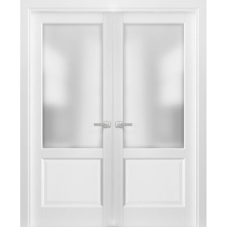 French Double Panel Lite Doors with Hardware | Lucia 22 White Silk with Frosted Opaque Glass | Panel Frame Trims | Bathroom Bedroom Interior Sturdy Door - BUILDMYPLACE