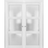 French Double Panel Lite Doors with Hardware | Lucia 2552 White Silk with Frosted Glass | Panel Frame Trims | Bathroom Bedroom Interior Sturdy Door - BUILDMYPLACE