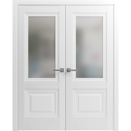 French Double Panel Lite Doors with Hardware | Lucia 8822 White Silk with Frosted Opaque Glass | Panel Frame Trims | Bathroom Bedroom Interior Sturdy Door - BUILDMYPLACE