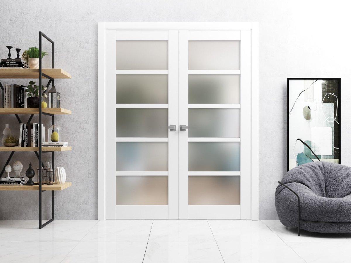 French Double Panel Lite Doors with Hardware | Quadro 4002 White Silk with Frosted Glass | Panel Frame Trims | Bathroom Bedroom Interior Sturdy Door - BUILDMYPLACE