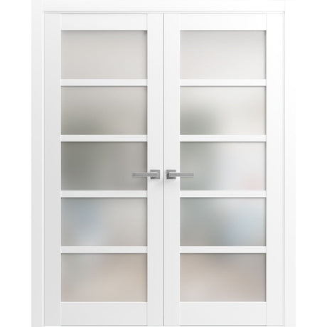 French Double Panel Lite Doors with Hardware | Quadro 4002 White Silk with Frosted Glass | Panel Frame Trims | Bathroom Bedroom Interior Sturdy Door - BUILDMYPLACE