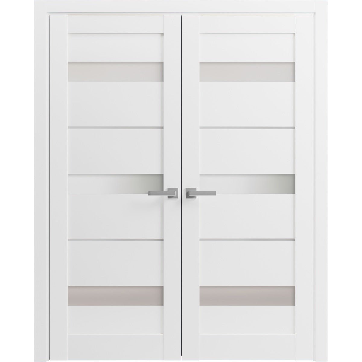 French Double Panel Lite Doors with Hardware | Quadro 4055 White Silk with Frosted Glass | Panel Frame Trims | Bathroom Bedroom Interior Sturdy Door - BUILDMYPLACE