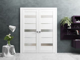 French Double Panel Lite Doors with Hardware | Quadro 4055 White Silk with Frosted Glass | Panel Frame Trims | Bathroom Bedroom Interior Sturdy Door - BUILDMYPLACE