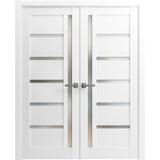 French Double Panel Lite Doors with Hardware | Quadro 4088 White Silk with Frosted Glass | Panel Frame Trims | Bathroom Bedroom Interior Sturdy Door - BUILDMYPLACE