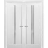 French Double Panel Lite Doors with Hardware | Quadro 4112 White Silk with Frosted Glass | Panel Frame Trims | Bathroom Bedroom Interior Sturdy Door - BUILDMYPLACE