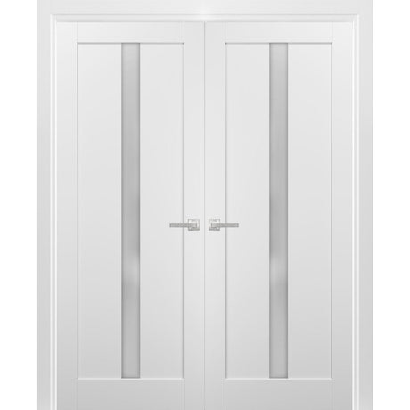 French Double Panel Lite Doors with Hardware | Quadro 4112 White Silk with Frosted Glass | Panel Frame Trims | Bathroom Bedroom Interior Sturdy Door - BUILDMYPLACE