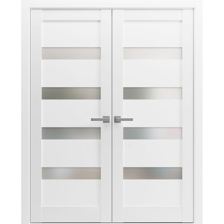 French Double Panel Lite Doors with Hardware | Quadro 4113 White Silk with Frosted Glass | Panel Frame Trims | Bathroom Bedroom Interior Sturdy Door - BUILDMYPLACE