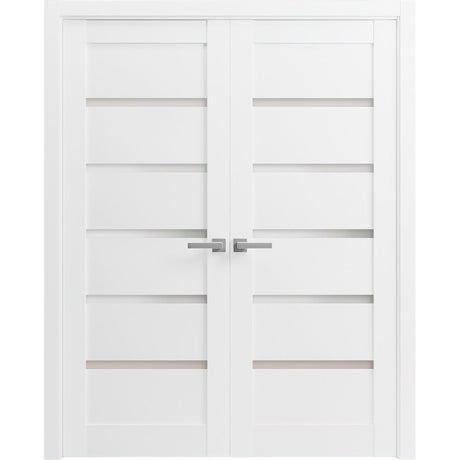 French Double Panel Lite Doors with Hardware | Quadro 4117 White Silk with Frosted Glass | Panel Frame Trims | Bathroom Bedroom Interior Sturdy Door - BUILDMYPLACE