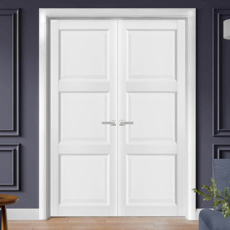 French Double Panel Solid Doors with Hardware | Lucia 2661 White Silk | Panel Frame Trims | Bathroom Bedroom Interior Sturdy Door - BUILDMYPLACE