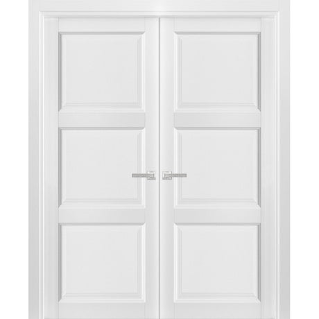 French Double Panel Solid Doors with Hardware | Lucia 2661 White Silk | Panel Frame Trims | Bathroom Bedroom Interior Sturdy Door - BUILDMYPLACE