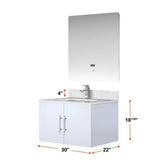 Geneva 30 In. Floating / Wall Mounted Glossy White Bathroom Vanity With Undermount Ceramic Sink, White Carrara Marble Top & 30 In. LED Mirror - BUILDMYPLACE