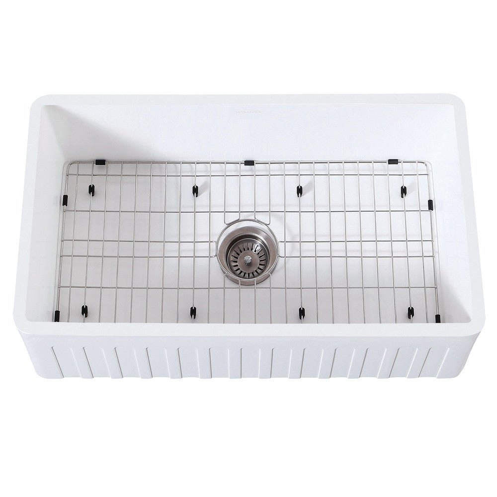 Gourmetier 33" x 18" Farmhouse Kitchen Sink with Strainer and Grid, Matte White/Brushed - BUILDMYPLACE