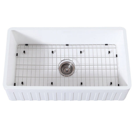 Gourmetier 36" x 18" Farmhouse Kitchen Sink with Strainer and Grid, Matte White/Brushed - BUILDMYPLACE