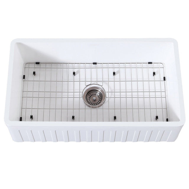 Gourmetier 36" x 18" Farmhouse Kitchen Sink with Strainer and Grid, Matte White/Brushed - BUILDMYPLACE