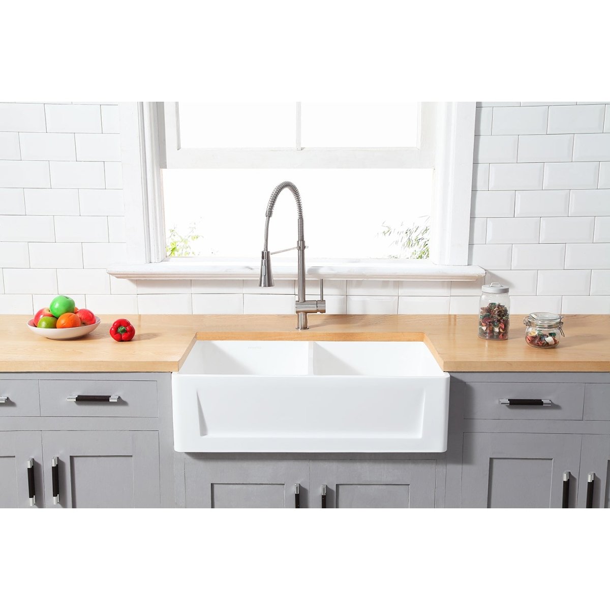 Gourmetier 36" x 18" Solid Surface Double Bowl Farmhouse Kitchen Sink, Matte White - BUILDMYPLACE