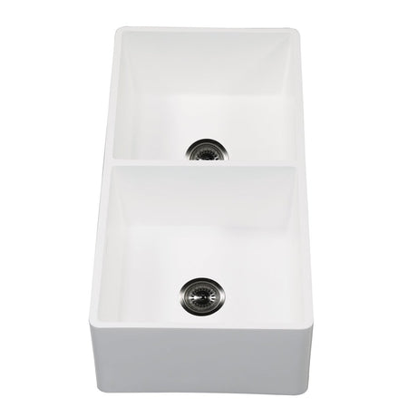 Gourmetier 36" x 18" Solid Surface Double Bowl Farmhouse Kitchen Sink, Matte White - BUILDMYPLACE