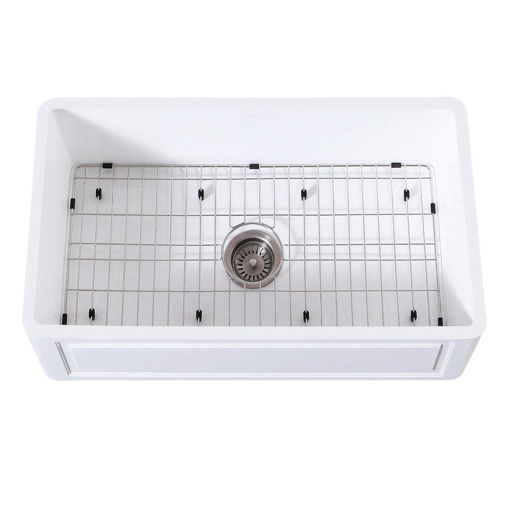Gourmetier Farmhouse Kitchen Sink with Strainer and Grid, Matte White/Brushed - BUILDMYPLACE