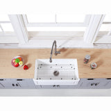 Gourmetier Farmhouse Kitchen Sink with Strainer and Grid, Matte White/Brushed - BUILDMYPLACE