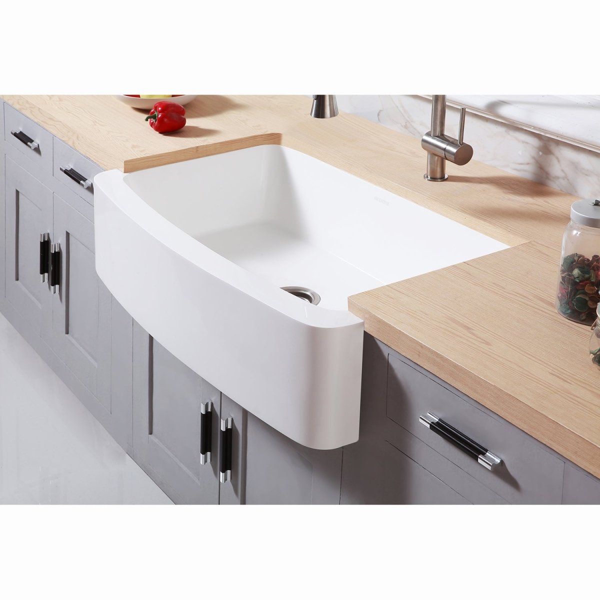 Gourmetier Solid Surface 33" x 22" Farmhouse Single Bowl Kitchen Sink, Matte White - BUILDMYPLACE