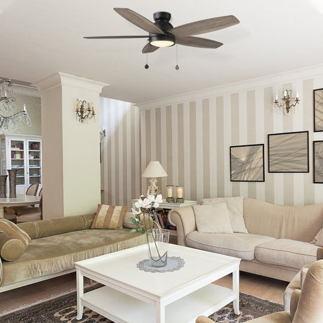 GREENWOOD 48" 5 - Blade Flush Mount Ceiling Fan with LED Light & Pull Chain - LEDMyPlace