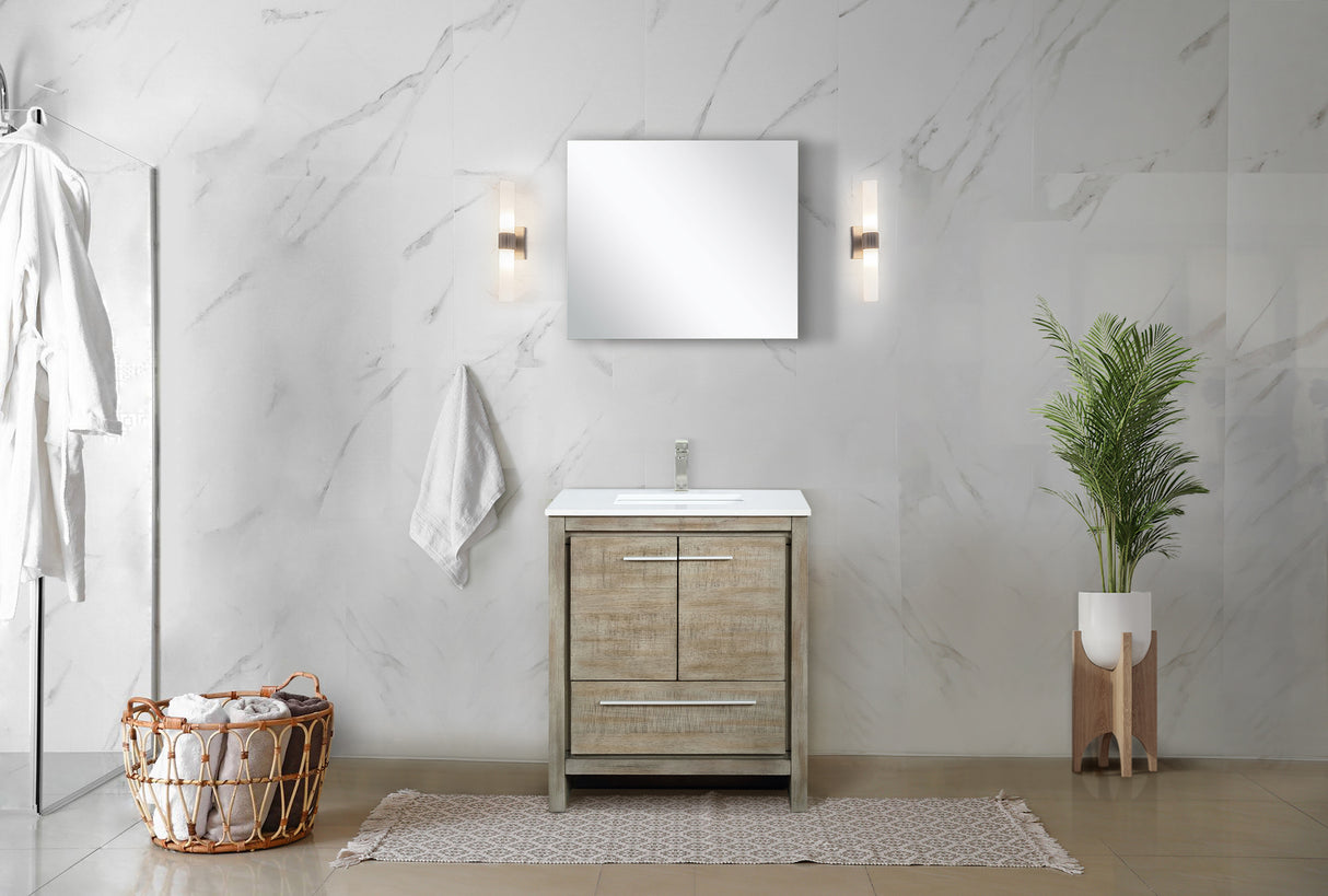 Lafarre 30 in. Rustic Acacia  Freestanding Bathroom Vanity with White Quartz Top, White Square Sink, and Labaro Brushed Nickel Faucet Set