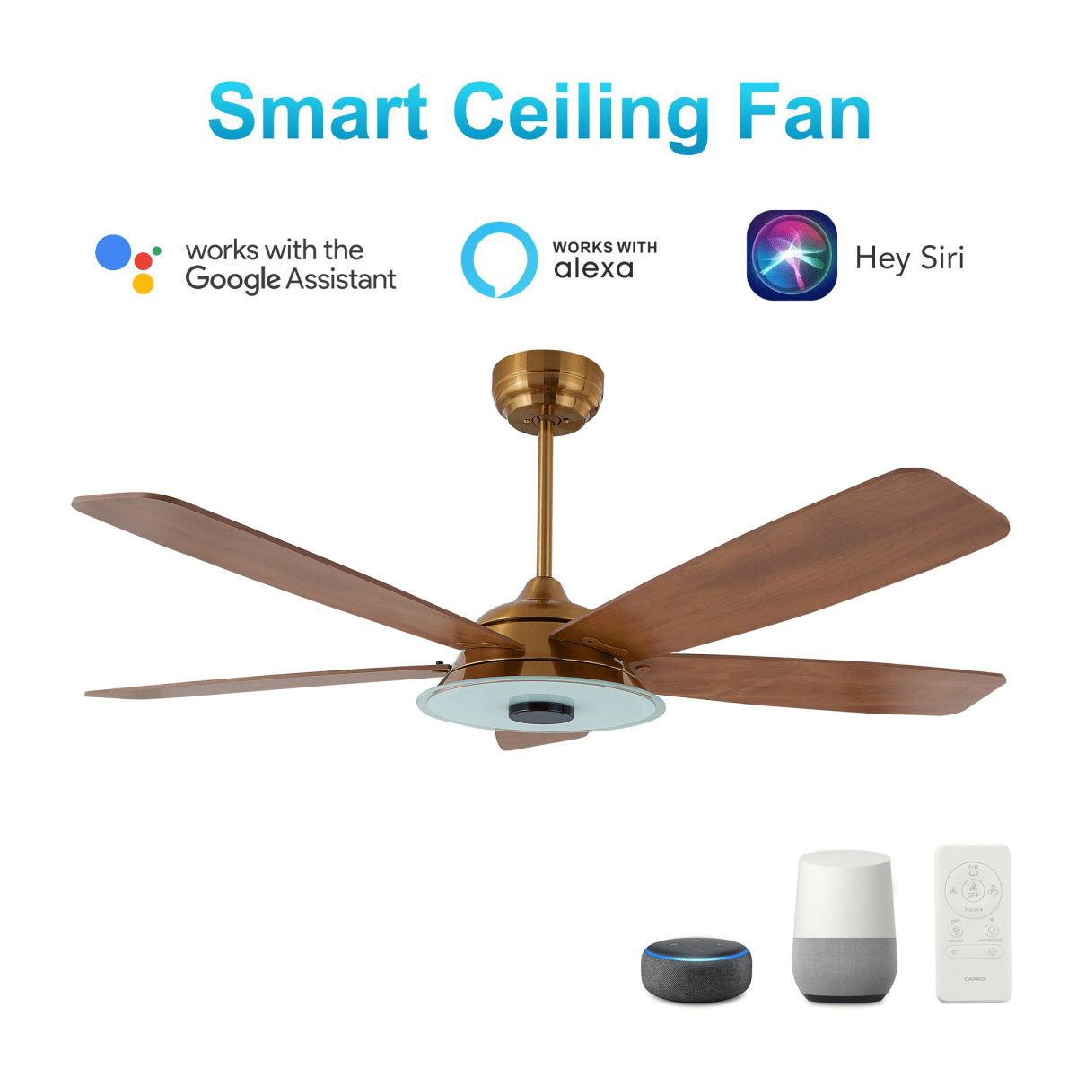 Striker 52 in. 5 - Blade Best Smart Ceiling Fan with Dimmable LED Light, Gold/Wood Grain Finish, Works w/ Remote Control/Alexa/Google Home/Siri - LEDMyPlace