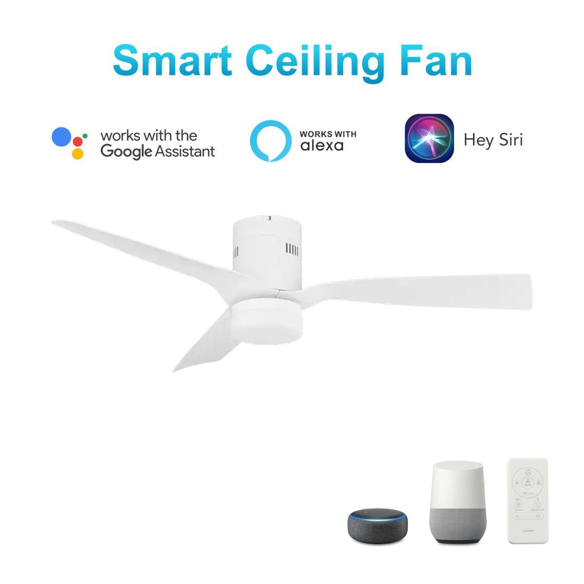 Striver 52" (3 - Blade) White Flush Mount Best Smart Ceiling Fan w/ Dimmable LED Light, Works w/ Remote Control/Alexa/Google Home/Siri - LEDMyPlace