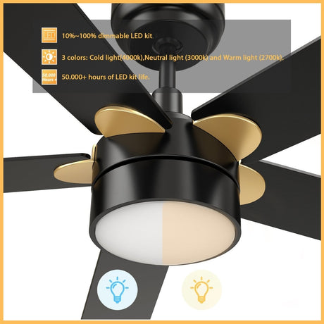 TARRASA 52 inch 5 - Blade Smart Ceiling Fan with LED Light & Remote - LEDMyPlace