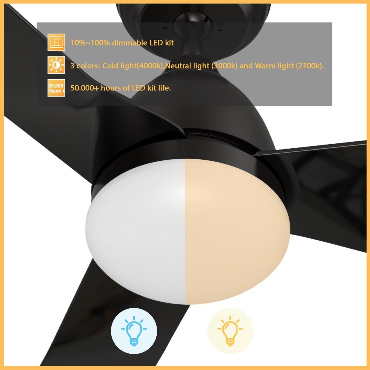 TOULON 52 inch 3 - Blade Smart Ceiling Fan with LED Light & Remote - LEDMyPlace