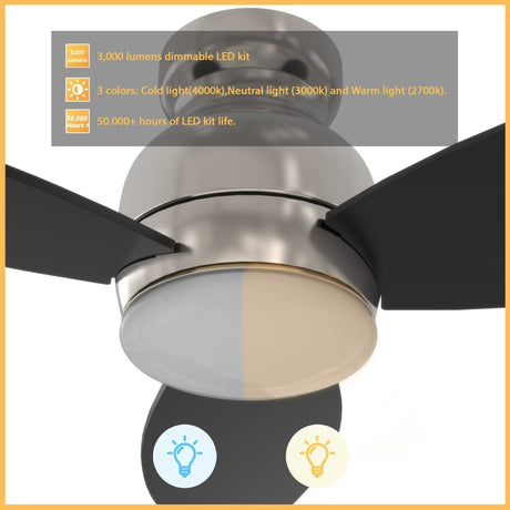 TRENTO 48 inch 3 - Blade Flush Mount Smart Ceiling Fan with LED Light & Remote - LEDMyPlace