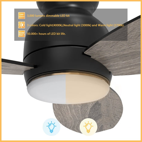 TRENTO 52 inch 3 - Blade Flush Mount Smart Ceiling Fan with LED Light & Remote - LEDMyPlace