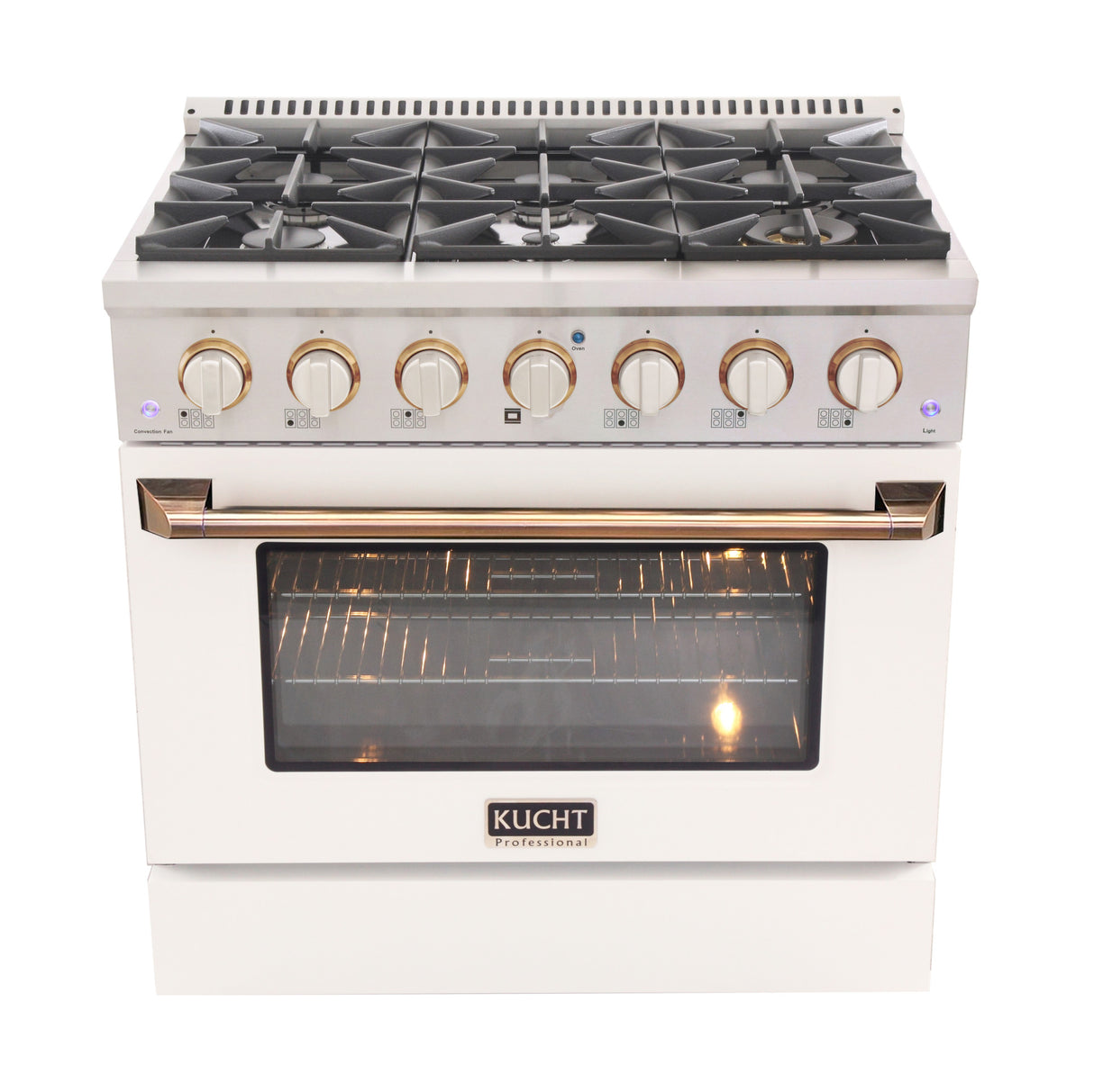 KUCHT Professional 36 in. 5.2 cu. ft. Natural Gas Range with Sealed Burners and Convection Oven in Stainless Steel with White Oven Door, White Knobs and Knobs Rings