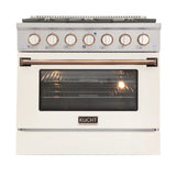 KUCHT Professional 36 in. 5.2 cu. ft. Dual Fuel Range for Natural Gas with Sealed Burners and Convection Oven in Stainless Steel with White Oven Door White Knobs and Gold Knobs Rings