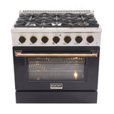 KUCHT Professional 36 in. 5.2 cu. ft. Dual Fuel Range for Natural Gas with Sealed Burners and Convection Oven in Stainless Steel with Black Oven Door Black Knobs and Gold Knob Rings