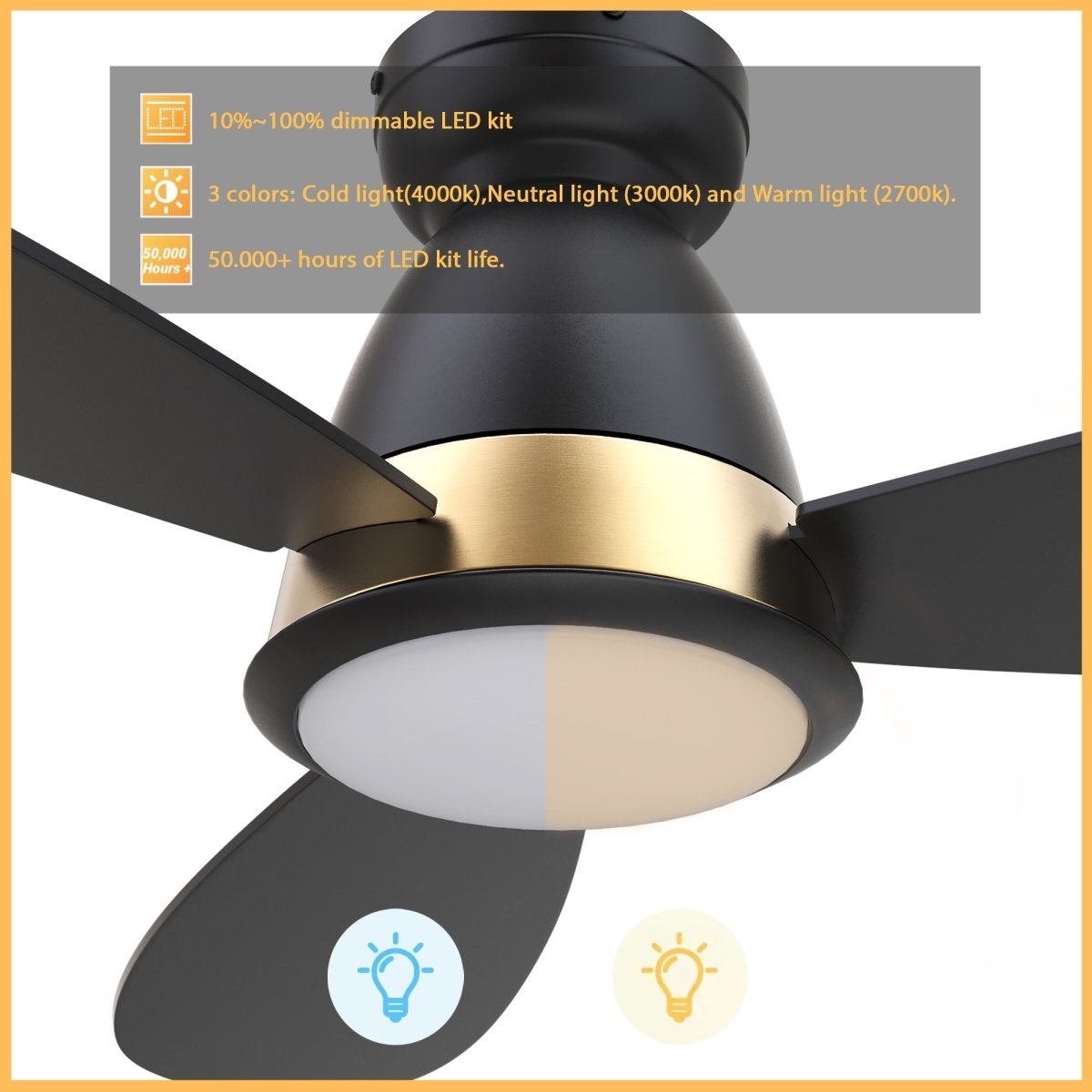 YORK 52 inch 3 - Blade Flush Mount Smart Ceiling Fan with LED Light & Remote - LEDMyPlace
