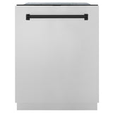ZLINE Autograph Edition 36 in. Kitchen Package with Stainless Steel Dual Fuel Range, Range Hood, Dishwasher and Refrigeration Including External Water Dispenser with Matte Black Accents (4AKPR-RARHDWM36-MB)