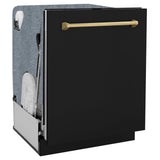 ZLINE Autograph Edition 24" Monument Series 3rd Rack Top Touch Control Tall Tub Dishwasher in Black Matte with Polished Gold Handle, 45dBa (DWMTZ-BLM-24-G)