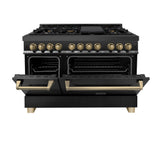 ZLINE Autograph Edition 48 in. 6.0 cu. ft. Legacy Dual Fuel Range with 7 Burner Gas Cooktop and 2 Electric Ovens in Black Stainless Steel and Champagne Bronze Accents (RABZ-48-CB)