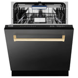 ZLINE Autograph Edition 24" Tallac Series 3rd Rack Top Control Built-In Tall Tub Dishwasher in Black Stainless Steel with Polished Gold Handle, 51dBa (DWVZ-BS-24-G)