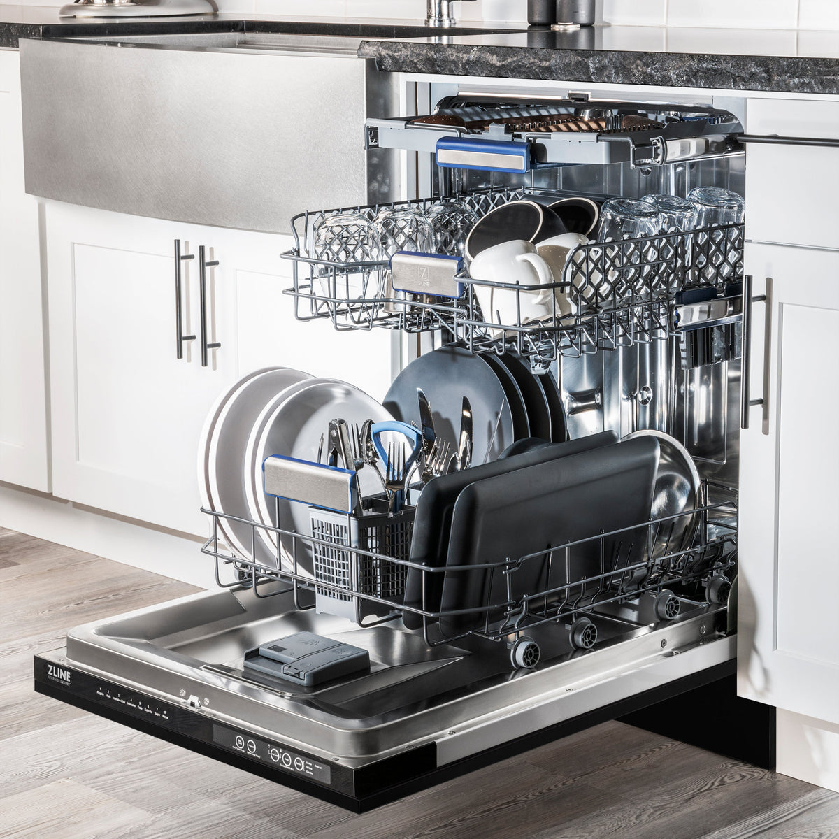 ZLINE Autograph Edition 24" Tallac Series 3rd Rack Top Control Built-In Tall Tub Dishwasher in Black Stainless Steel with Polished Gold Handle, 51dBa (DWVZ-BS-24-G)