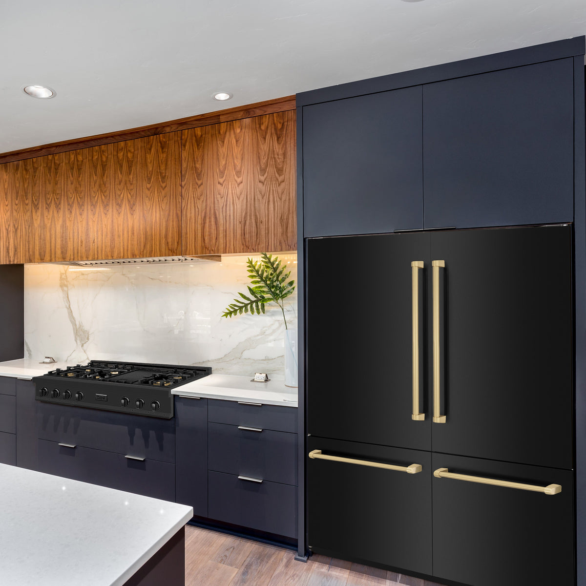 ZLINE Autograph Edition 60 in. 32.2 cu. ft. French Door Built-In Bottom Freezer Refrigerator with Water Dispenser and Ice Maker in Black Stainless Steel with Champagne Bronze Accents (RBIVZ-BS-60-CB)