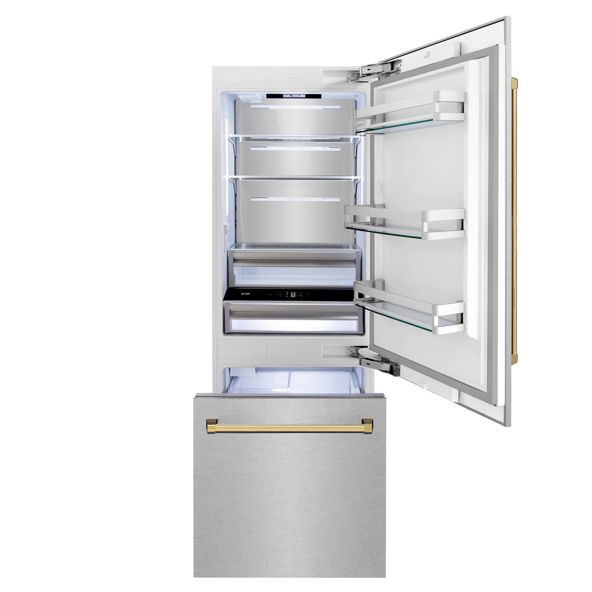 ZLINE Autograph Edition 30 in. 16.1 cu. ft. Built-In Bottom Freezer Refrigerator with Water Dispenser and Ice Maker in Satin Stainless Steel with Polished Gold Accents (RBIVZ-SN-30-G)