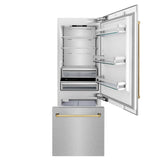 ZLINE Autograph Edition 30 in. 16.1 cu. ft. Built-In Bottom Freezer Refrigerator with Water Dispenser and Ice Maker in Satin Stainless Steel with Polished Gold Accents (RBIVZ-SN-30-G)