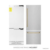 ZLINE Autograph Edition 30 in. 16.1 cu. ft. Built-In Bottom Freezer Refrigerator with Water Dispenser and Ice Maker in Satin Stainless Steel with Polished Gold Accents (RBIVZ-SN-30-G)