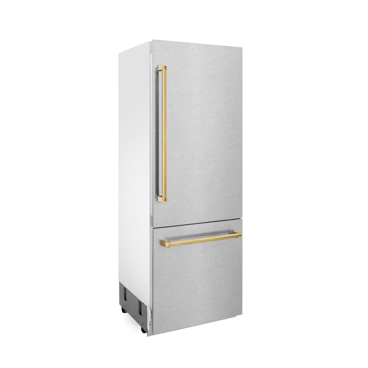 ZLINE Autograph Edition 30 in. 16.1 cu. ft. Built-In Bottom Freezer Refrigerator with Water Dispenser and Ice Maker in Satin Stainless Steel with Polished Gold Accents (RBIVZ-SN-30-G)
